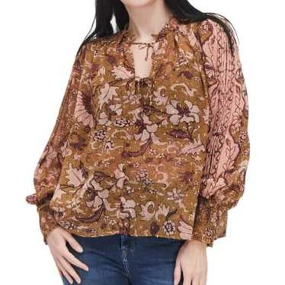 o.p.t. Puff Sleeve Blouse Cream Pink Floral Print Women's Large - Picture 1 of 9